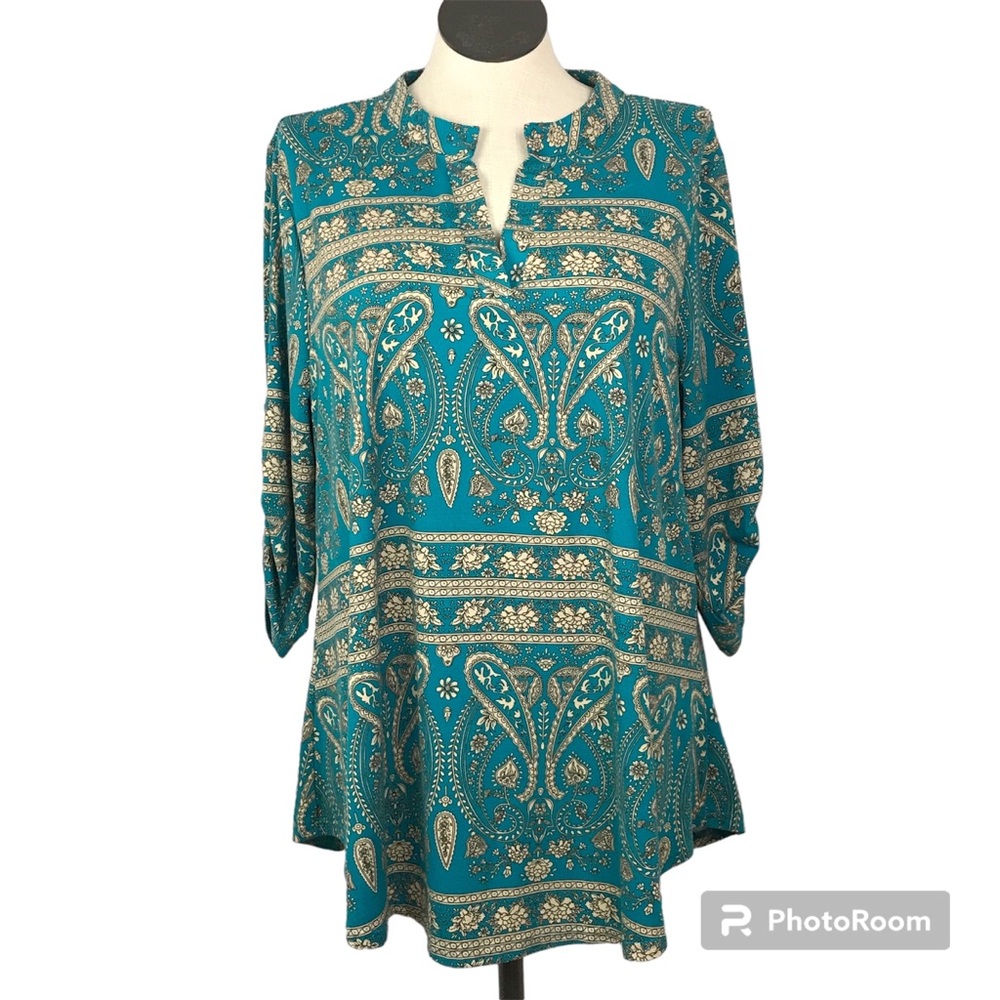 Letdiosto Pullover Tunic Women’s Sz 3X Green paisley Roll Tab 3/4 Sleeve Notched